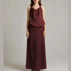 MORI LEE formal two piece set 'ball gown' skirt & halter neck fitted top maroon